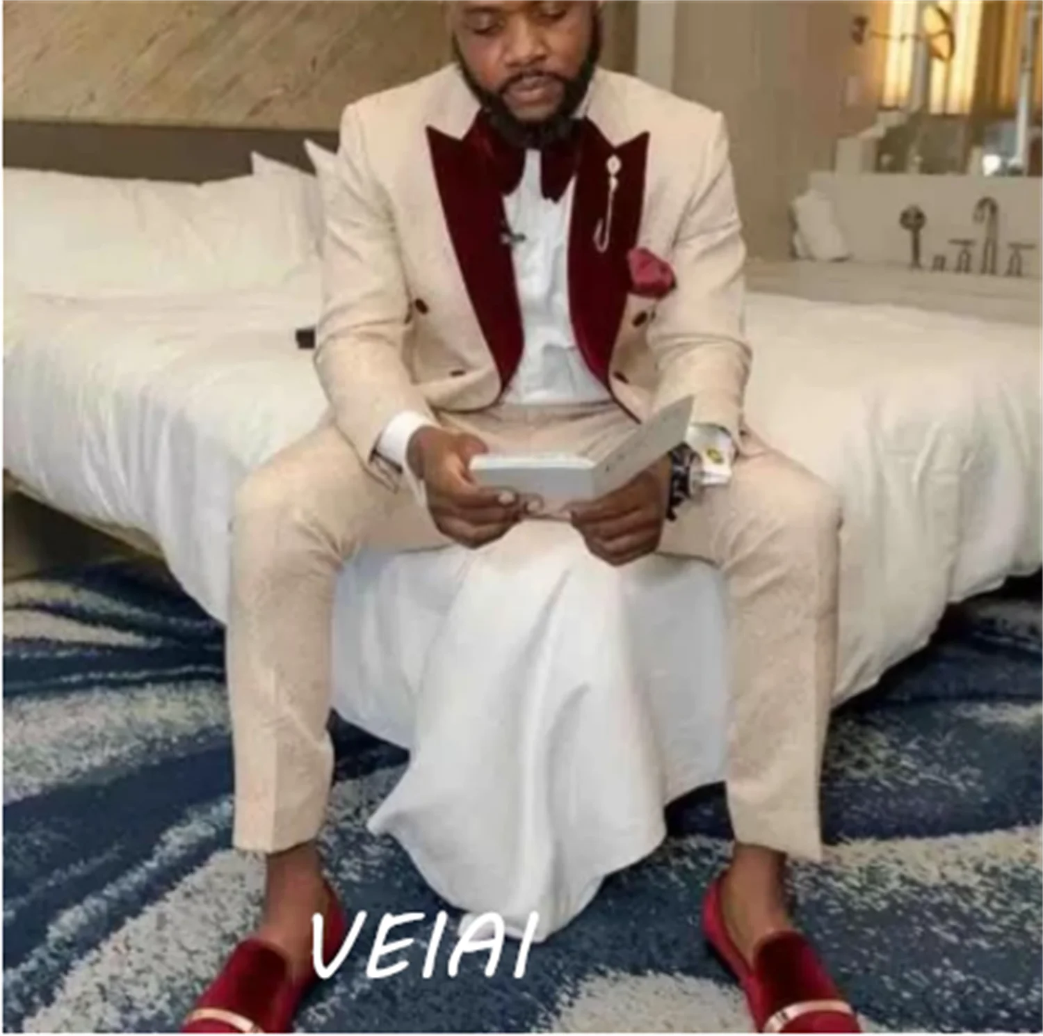 

Floral Groom Tuxedos for Men Wedding with Double Breasted Peak Lapel African Business Suit Blazer 2 Pieces Prom Dinner Costume