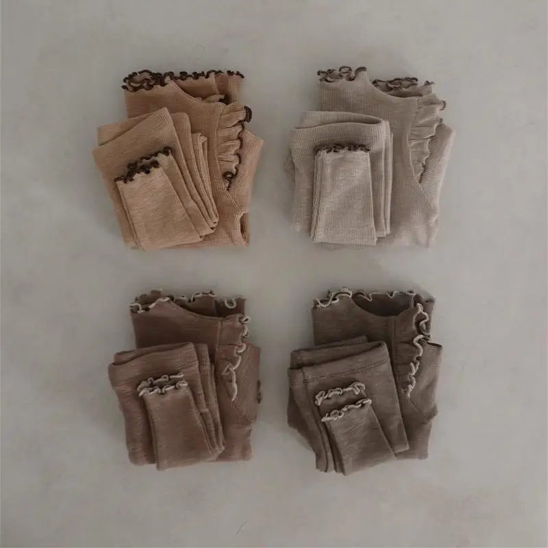 

Детский пижамный комплект для девочек, однотонная Пижама, хлопковая Ночная рубашка в рубчик, детская одежда для сна, детская одежда, комплекты пижам для маленьких принцесс с оборками