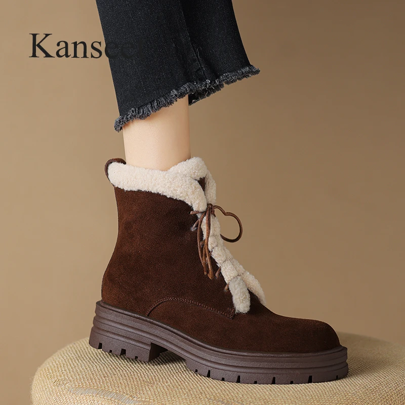 

Kanseet Winter Snow Boots 2023 Round Toe Warm Wool Fur Women Ankle Boots Cow Suede Fashion Zipper Mid Heels Lady Shoes Brown 40