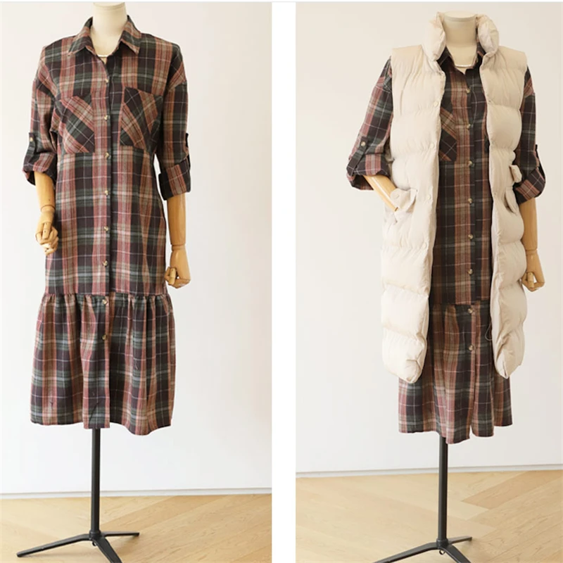

Autumn Dress 2022 Shegifts Women Plaid Long Sleeve Shirt Dresses Casual Pocket Lapel Neck Cardigan Outwears Femininas Vestidos