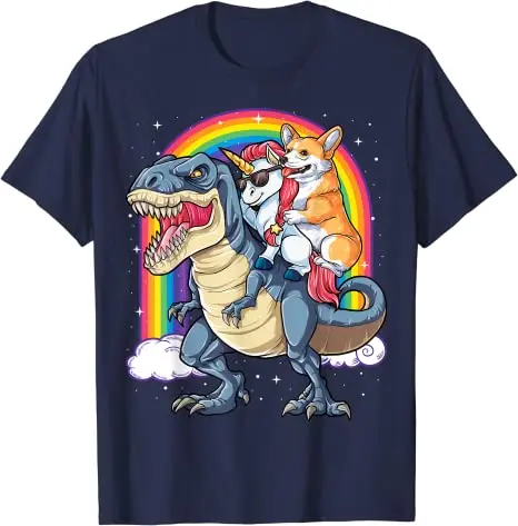 Camiseta con diseño de unicornio Corgi montando dinosaurio T Rex, bonita camiseta para niños, niñas, regalo de arcoíris, camiseta gráfica de galaxia espacial Corgicorn, camisetas estéticas