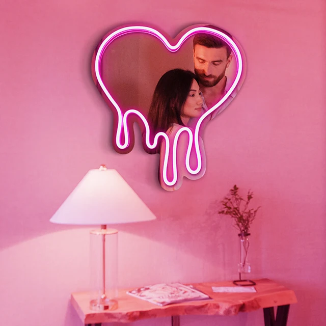 Signe de miroir de coeur au néon de LED avec la lumière rose, décoration de  chambre de filles, lumières d'escales, lampe de nuit, USB + batterie, 62 -  AliExpress