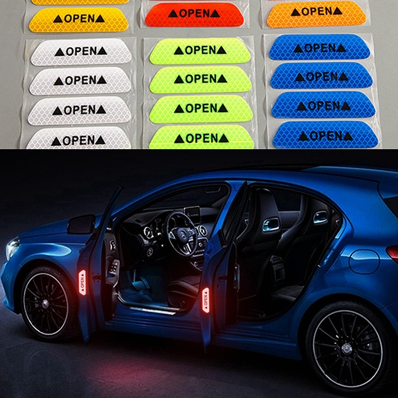 4PCS/Set Car Door Stickers Universal Safety Warning Mark OPEN High Reflective Tape For Auto Accessories Exterior Bike Helmet