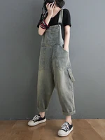 Retro Denim Overalls Women's Korean Sle High Waist Slimming Casual Bib Overalls Trendy Nine-Piece Jeans Casual Loose Fit - Image 2