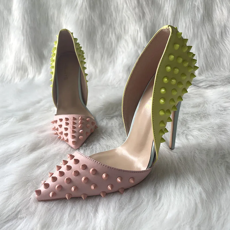 

Brand designer TOMONYE pink yellow spike stud open in the middle women lady hot sale 120mm high heel shoes pump on sale