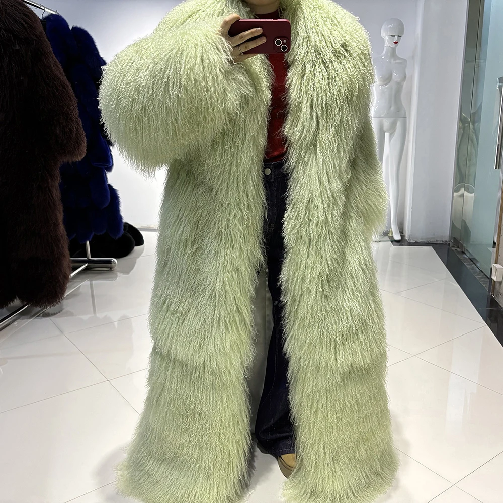 YOLOAgain Long Mongolia Sheep Fur Coat Women Luxury Real Fur