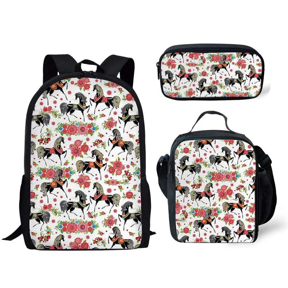 3D Printed Horses Backpack Lunch Bag Pencil Case 3pcs/set Primary Middle School Students Boys Girls Schoolbag Travel Backpack