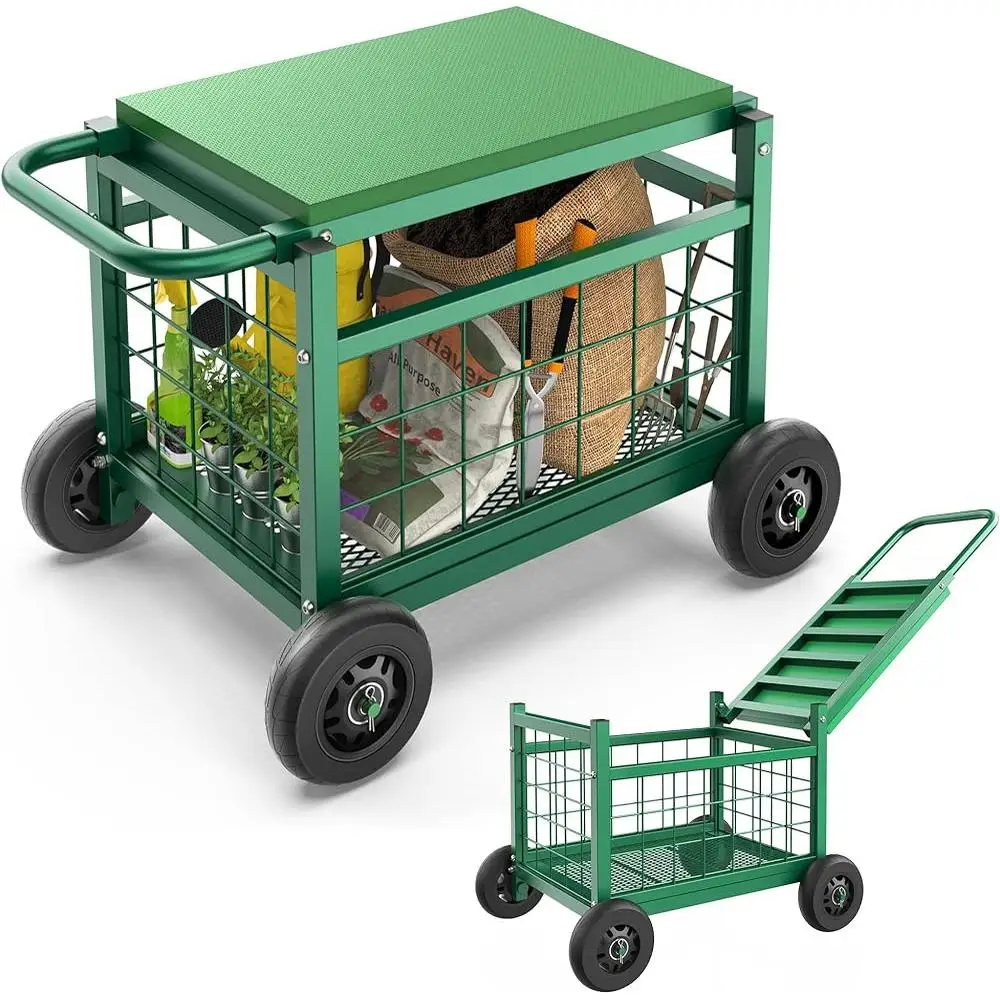 Heavy Duty Rolling Garden Cart with Seat 4-in-1 Ergonomic Design Garden Work Seat on Wheels Sturdy Metal Construction Easy 2