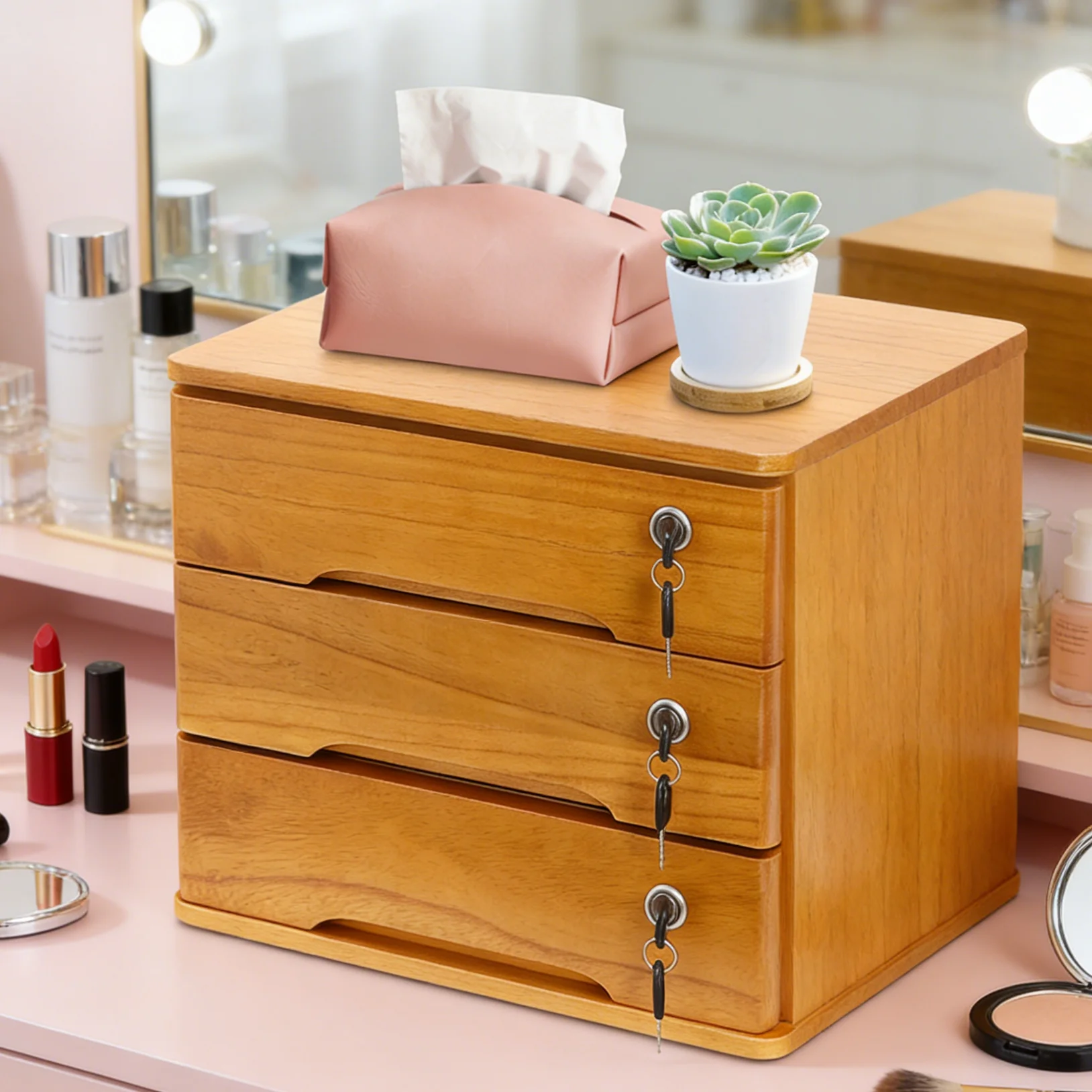 Schreibtisch-Organizer aus Holz, 3-stufige Schreibtisch-Aufbewahrungsbox mit abschließbaren Schubladen, 30 kg Belastung, für Büro, Arbeitszimmer, Schlafzimmer, Schreibwaren, Kosmetik, S – Detail 6