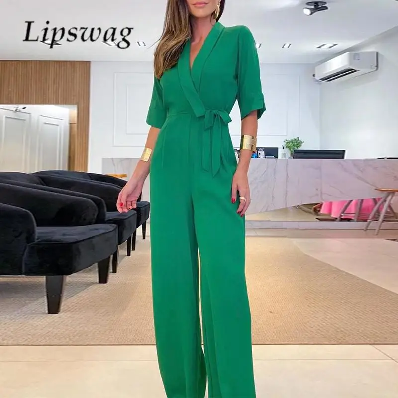 

Elegant Lady V Neck Lapel Collar Commuter Jumpsuit Summer Green Solid Color Half Sleeve Playsuit Women High Waist Lace-up Romper