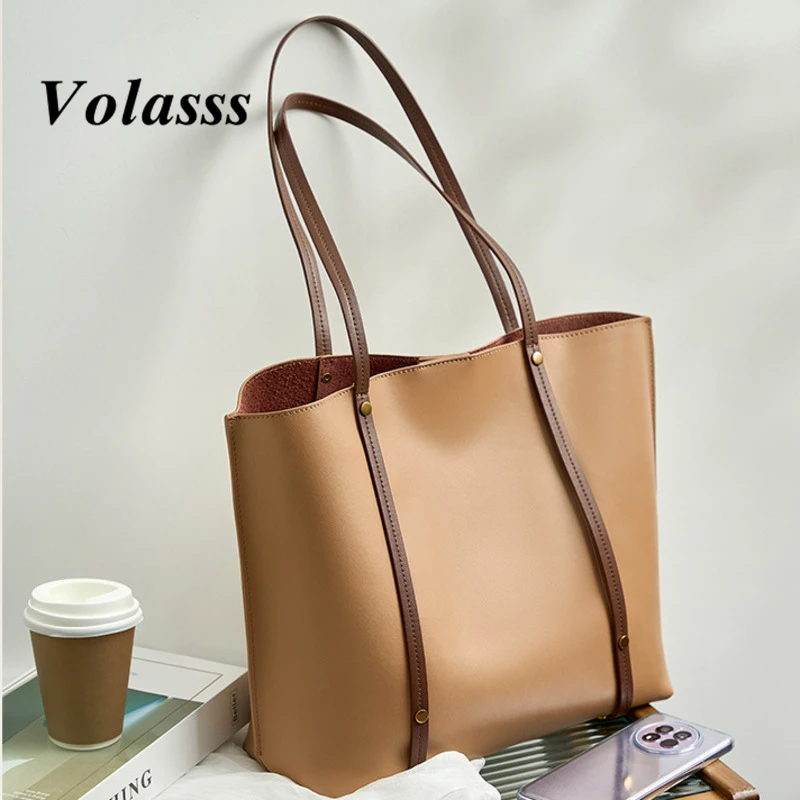 

VOLASSS New Soft Genuine Leather Women's Tote Bag Luxury Large Capacity Commute Shoulder Bags Ladies Cowhide Composite Handbag