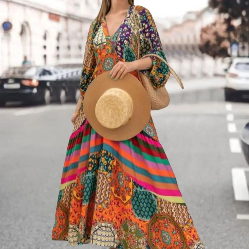 

Party Dress Anti-pilling Retro Ethnic Print Large Hem Beach Long Dress V-Neck Skin-touching Retro Dress Female Clothes