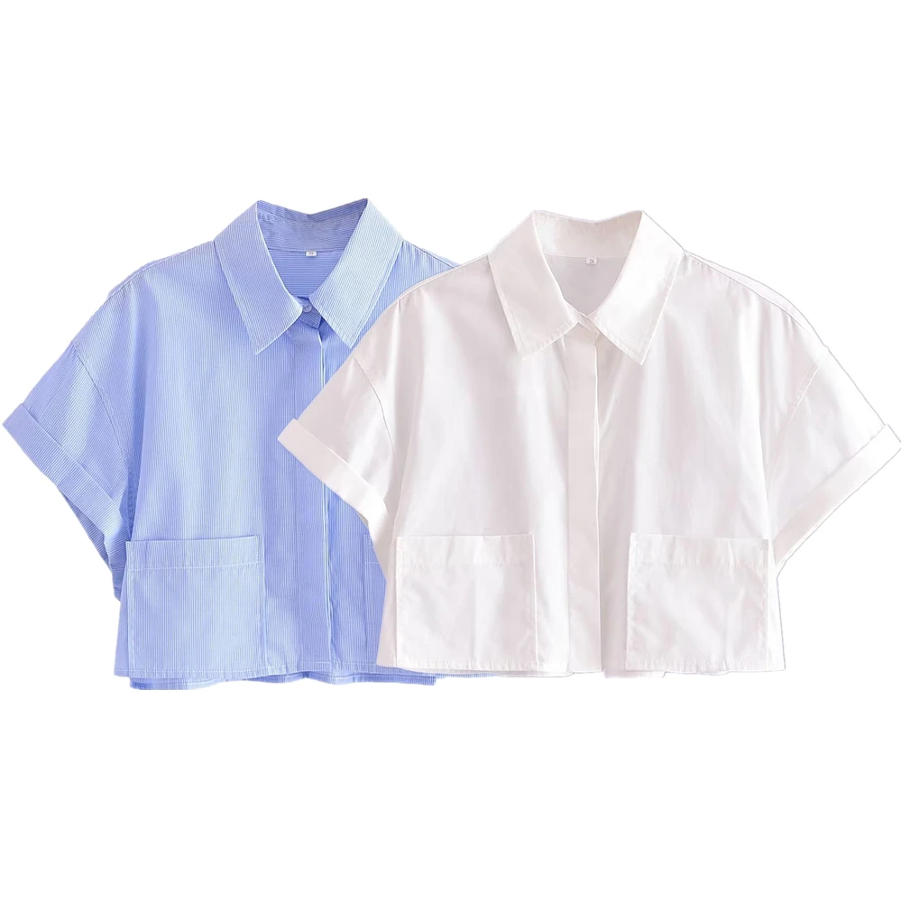 

Dave&Di High Street Fashion Girls Trim Poplin Short Pocket Shirt Casual Top Women Summer Blouse Ladies
