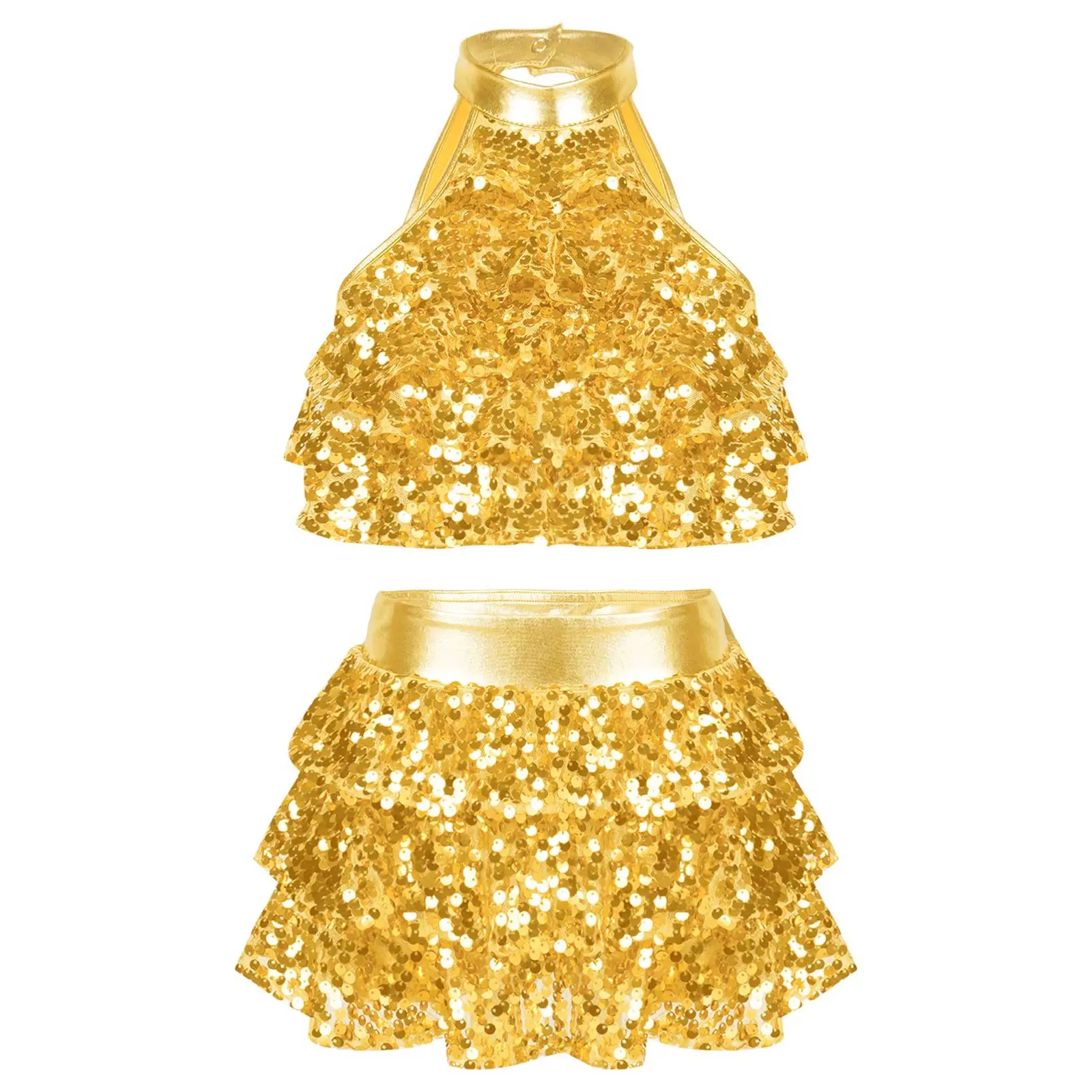 thumbnail image 1 of Traje de baile moderno para niñas, jazz, salsa latina, samba y rumba, top corto con lentejuelas brillantes metálicas y pantalones cortos con falda, culottes, 1 of 5