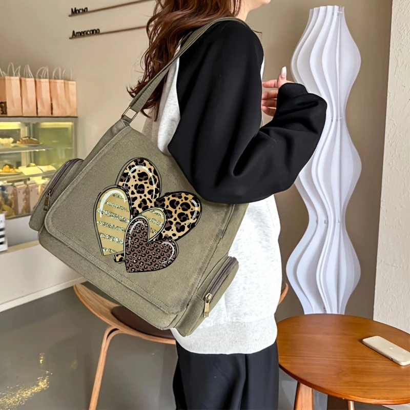 Fashion Women's Crossbody Bag Shoulder Bag Messenger Bag Canvas Leopard Hearts Large Capacity Daily Use