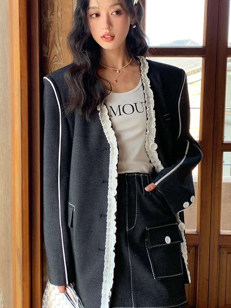 BZVW Elegant Blazer Women V-neck Single Breasted Contrast Color Open Wire Office Lady Coat Versatile 2024 New Clothing 25X4052