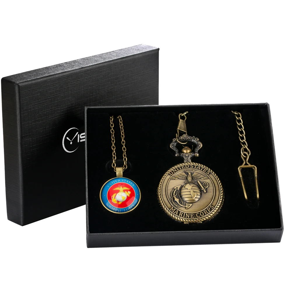 Pocket Watch Set with Box Exquisite Accessory Necklaces Retro Alloy Quartz Clock American Eagle Army Theme Birthday Gift for Men