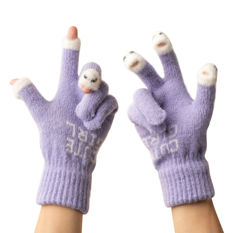 Gloves Cute Woolen Knitted Gloves Winter Thickened Warm Gloves Outdoor Leaky Finger Touch Screen Cold Proof Gloves Warm Gloves