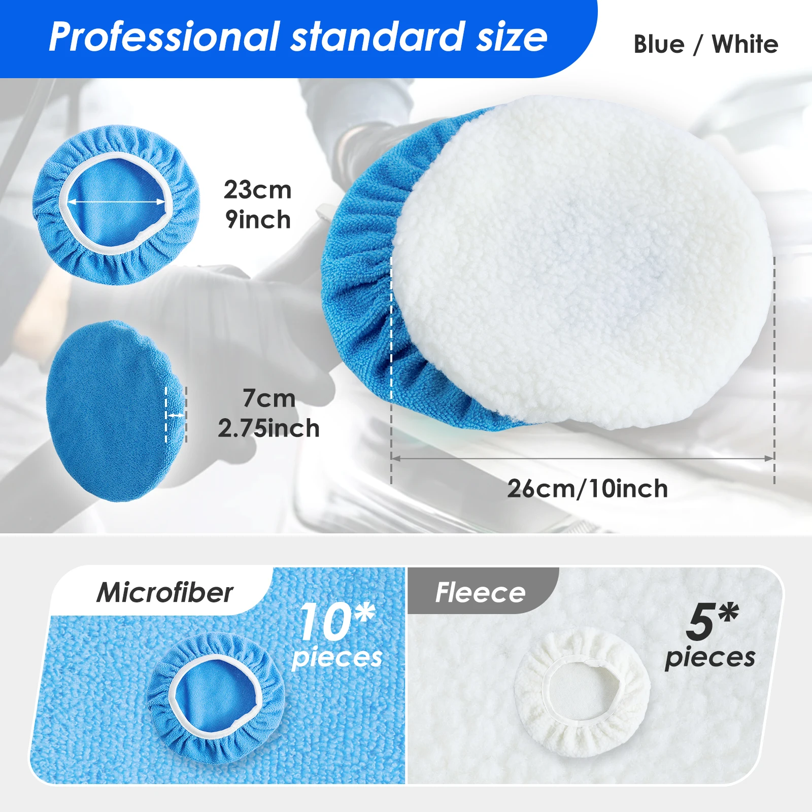 15 Pcs Car Polisher Pad Bonnet 7 to 8 Inch/9 to 10 Inch Reusable Car Buffing Pads with Microfiber Wax Pads and Woollen Polishing