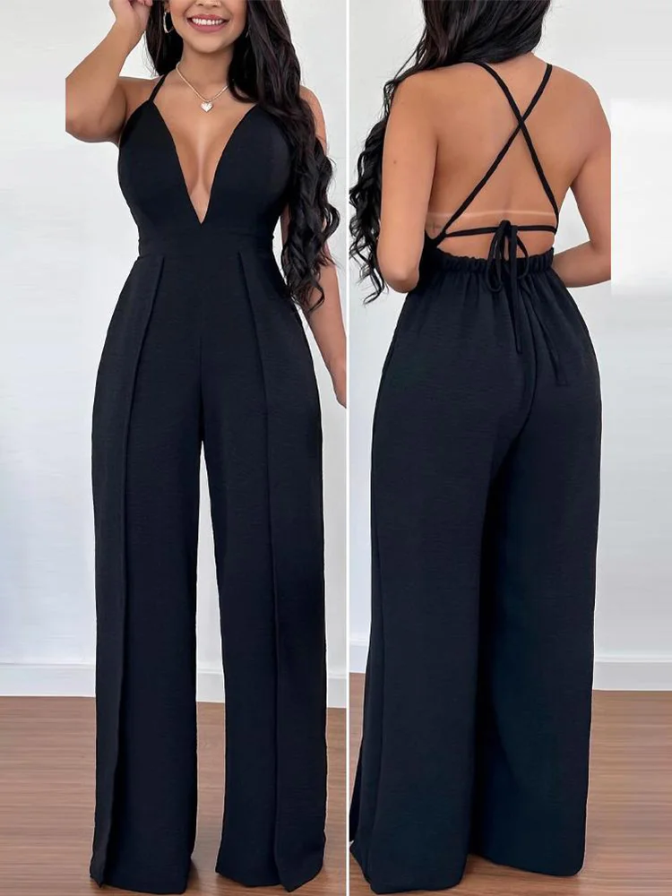 

Crisscross Backless Plunging Neck Jumpsuit Mono De Fiesta Elegantes Para Mujer Rompers Womens Jumpsuit