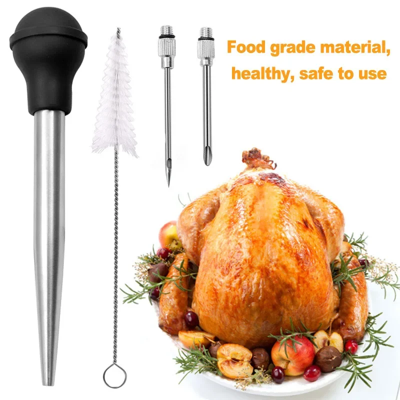 Cooking Kitchen Stainless steel Poultry BBQ Food Flavour Baster Syringe Tube Pump bbq sauce injector for Chicken Turkey Poultry Meat BBQ Food