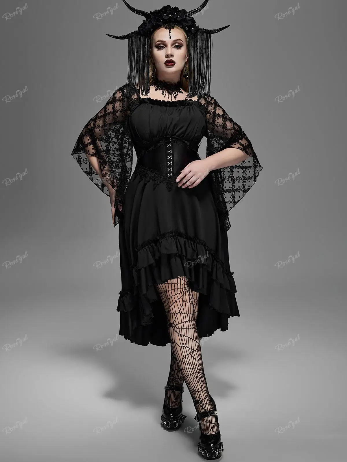 ROSEGAL Plus Size New Gothic Dress Women Lace Panel Layered Ruched