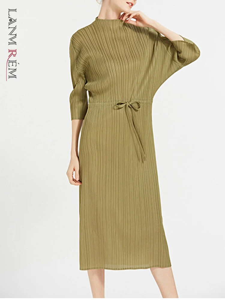 LANMREM Drawstring Stand Collar Dress For Women Slim Three Quarter