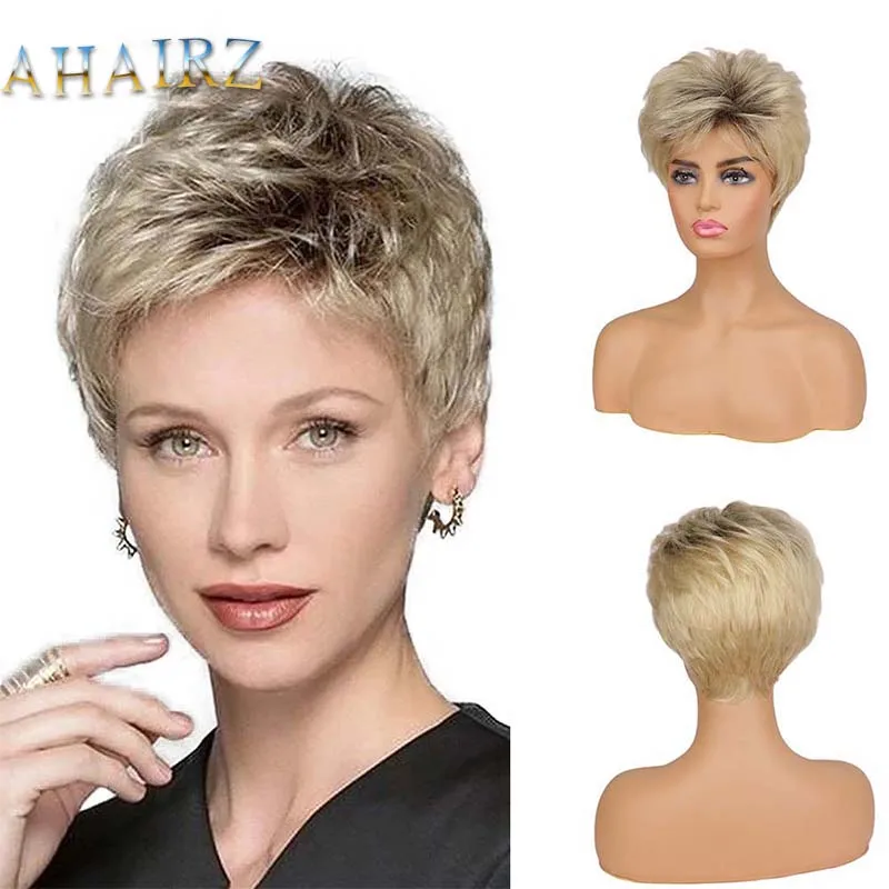 Lady Short Wigs Mixed Blonde Synthetic Wig with Bangs Heat Resistant Dark Root Ombre Hair for White Women synthetic hair bun hairpiece fully short ponytail bun mixed blonde hair chignon with comb bun updo extension for women