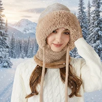 Women Fleece Lined Knit Hat Set Winter Warm Knitted Hat 3 in 1 Hooded One Piece Snow Cap W/Scarf & Mask for Cold Weather Protect 4