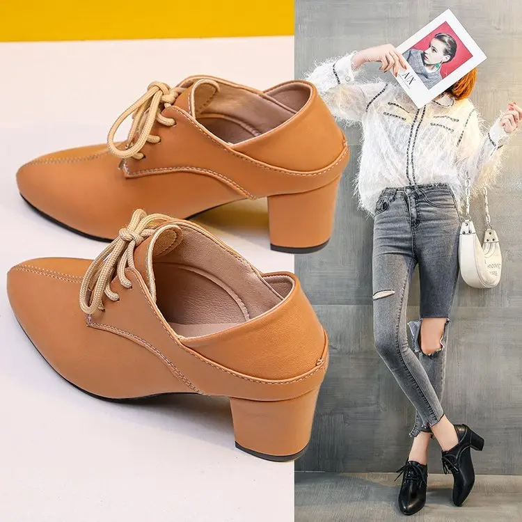 Ladies High Heels 2023 New Temperament Lace Up Hollow Breathable Low-top Shoes Round Toe High Heels Retro Zapatos Mujer
