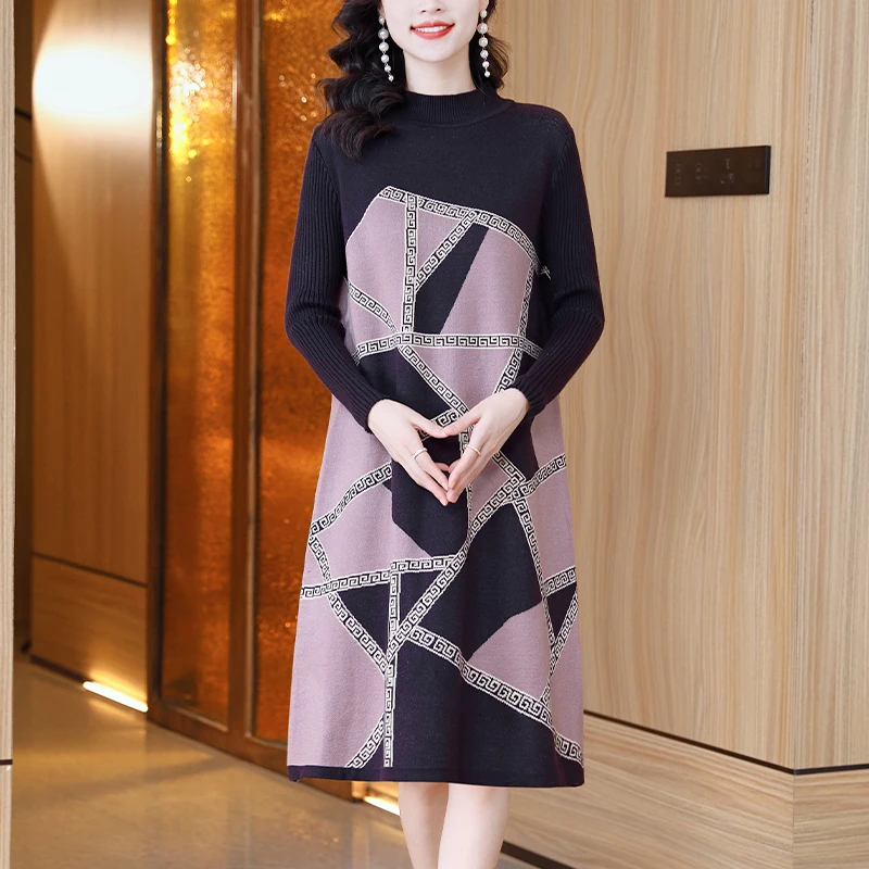 

2023 New Fashion Knitted Dress Women's Autumn and Winter Versatile Retro High Neck Loose Fit Warm Dress Vestidos