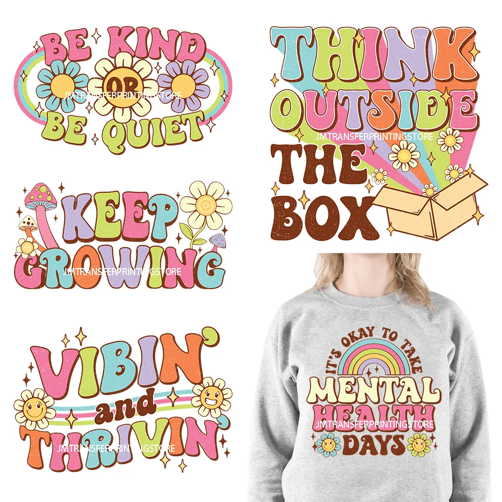 Retro Keep Growing Chasing It's Okay To Take Mental Health Day Inspirational Thinking Quotes DTF Transfer Stickers For Clothes