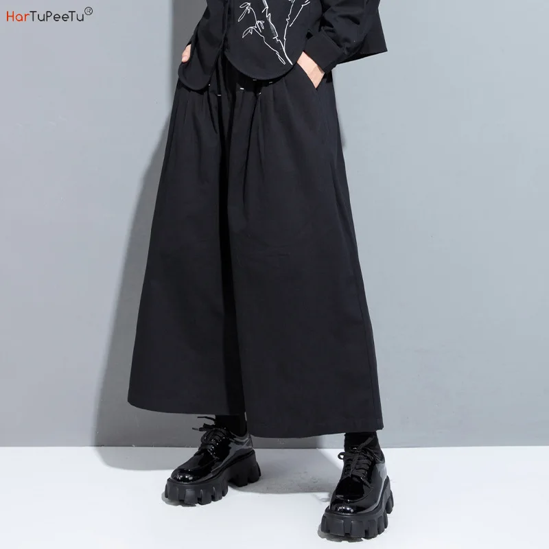 2023 New Autumn Wide Leg Pants Women Cotton Elastic High Waist Black Trousers Gothic Comfy Casual Pockets Pleated Cropped Capris