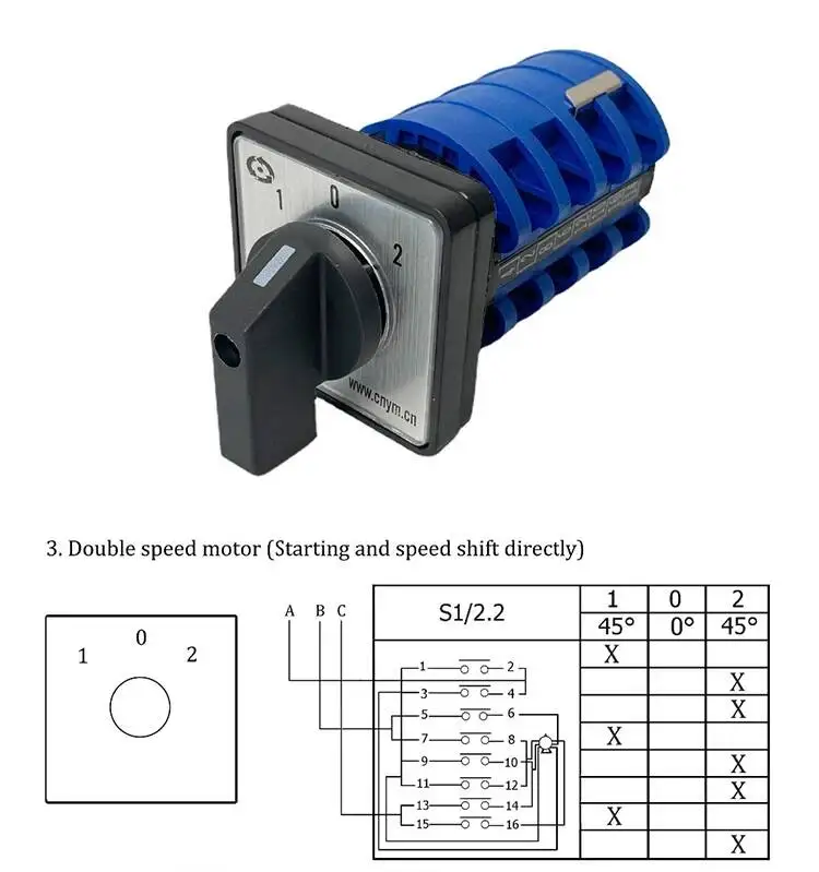 Drehschalter Ein-Aus-Ein 3 Positionen 4 Phasen 20 A 500 V Doppelschwindigkeits-Motorschalter kleiner Plattenumschalt-Nockenschalter LW8-20-5.5S1/4 – Detail 1