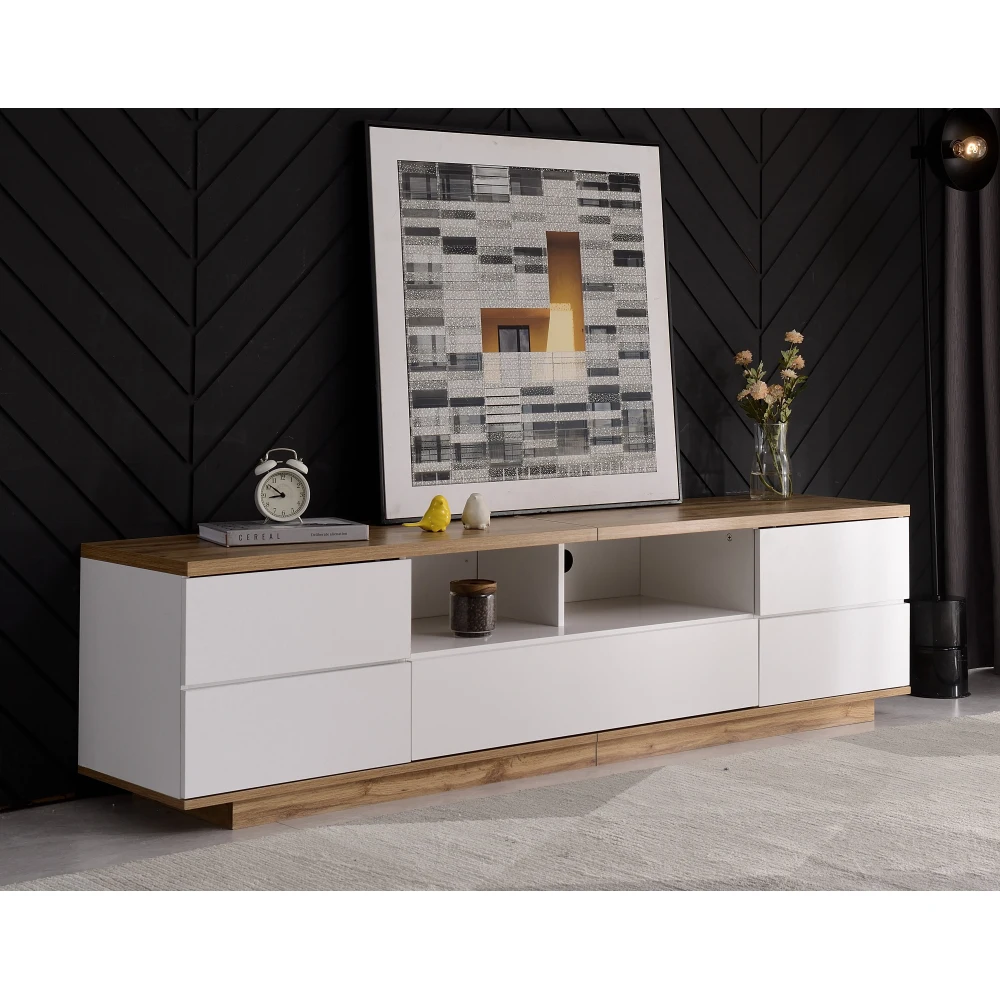 PINGGO 180CM Moderner Farbblock-TV-Schrank mit Holzschnitzerei Weiß – Detail 6