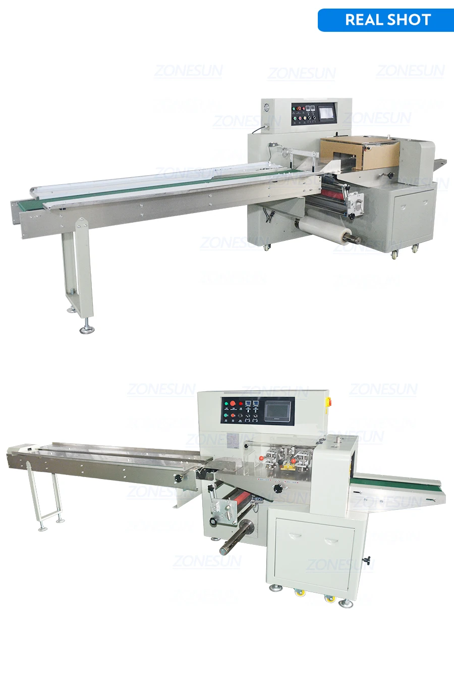 ZONESUN Horizontal Wrapping Packaging Machine Mask Biscuit Cake Candy Food Vegetable Plastic Bag Pouch Packing Production Line