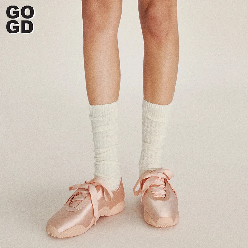 GOGD 여성용 실버 발레 스타일 스니커즈, 실크 레이스업 스포츠 스니커즈, 라운드 토 플랫 댄스 슈즈, 2024 신상