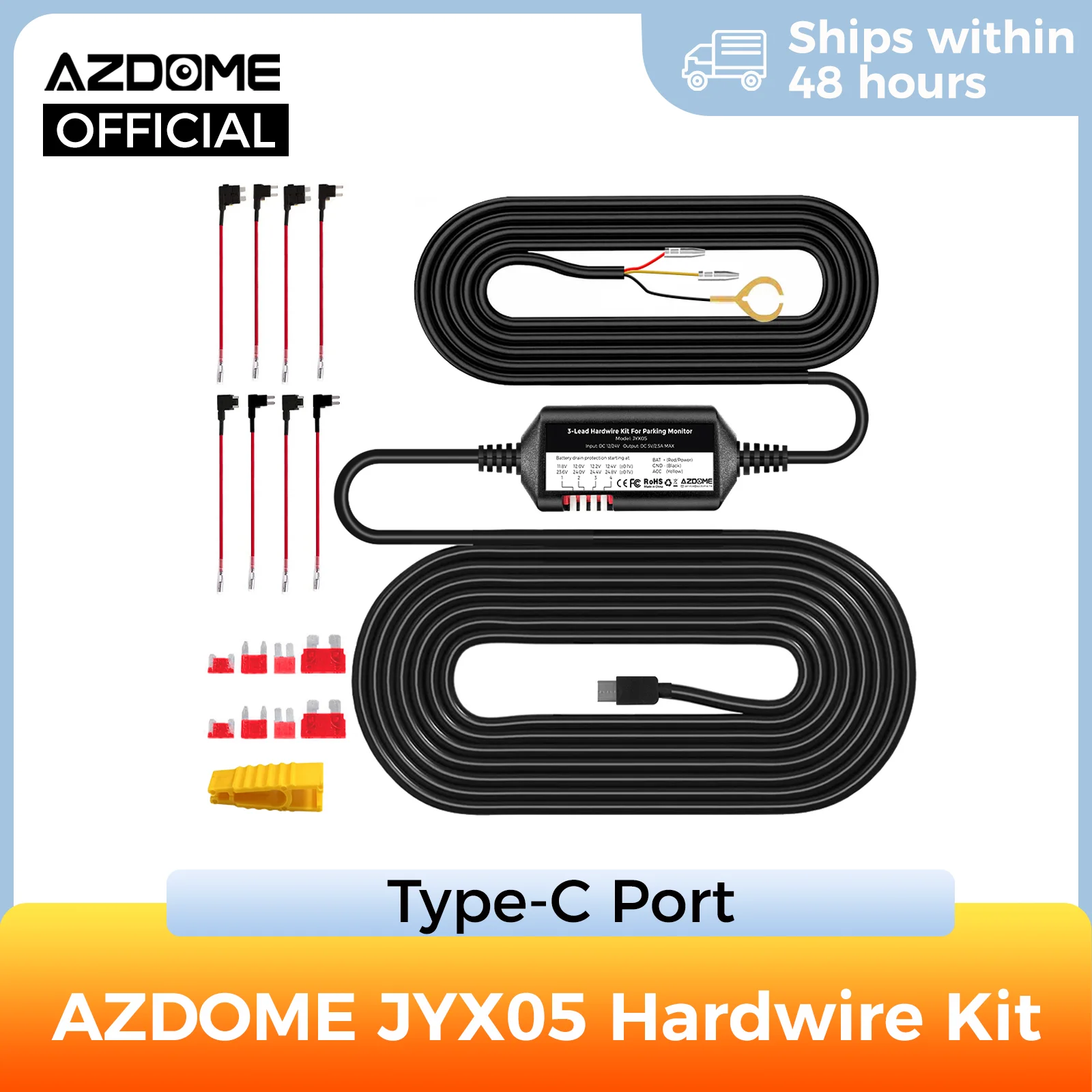 Azdome JYX05 Car DVR Record Hardwire Kit مع منفذ Type-C لـ M660/M550 Max/M300S/PG17 حماية منخفضة المجلد 12 فولت-24 فولت في 5V2.5A خارج