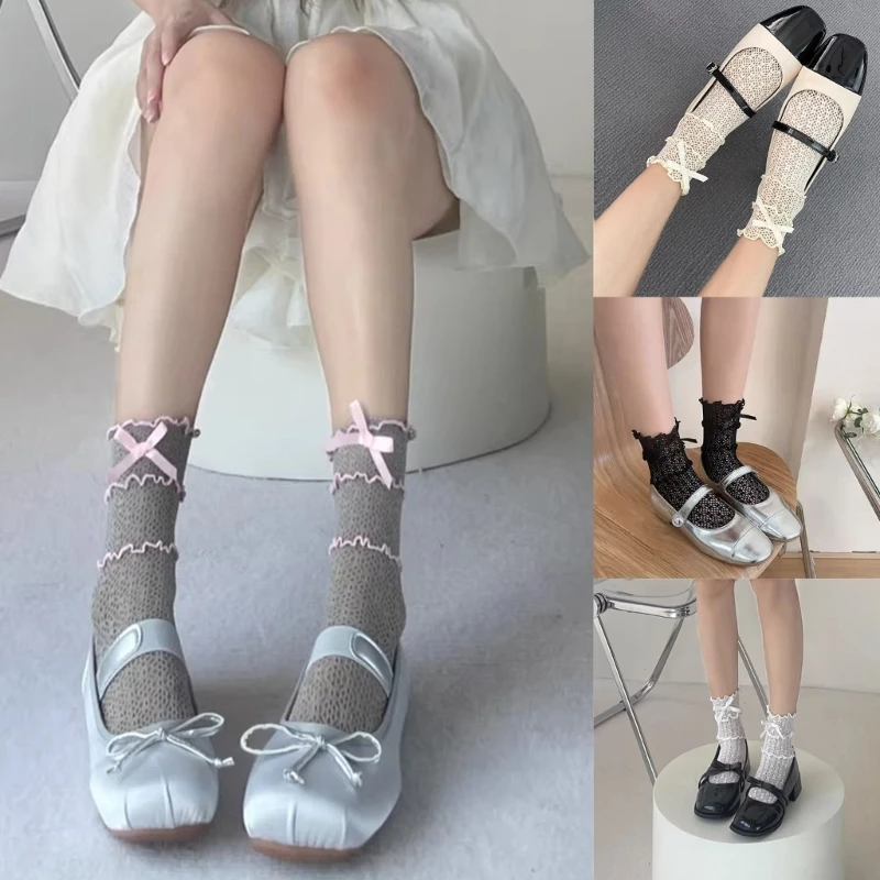 

Womens Hollow Lace Calf Socks White Japanese Girl Campus Style Bowknot Socks