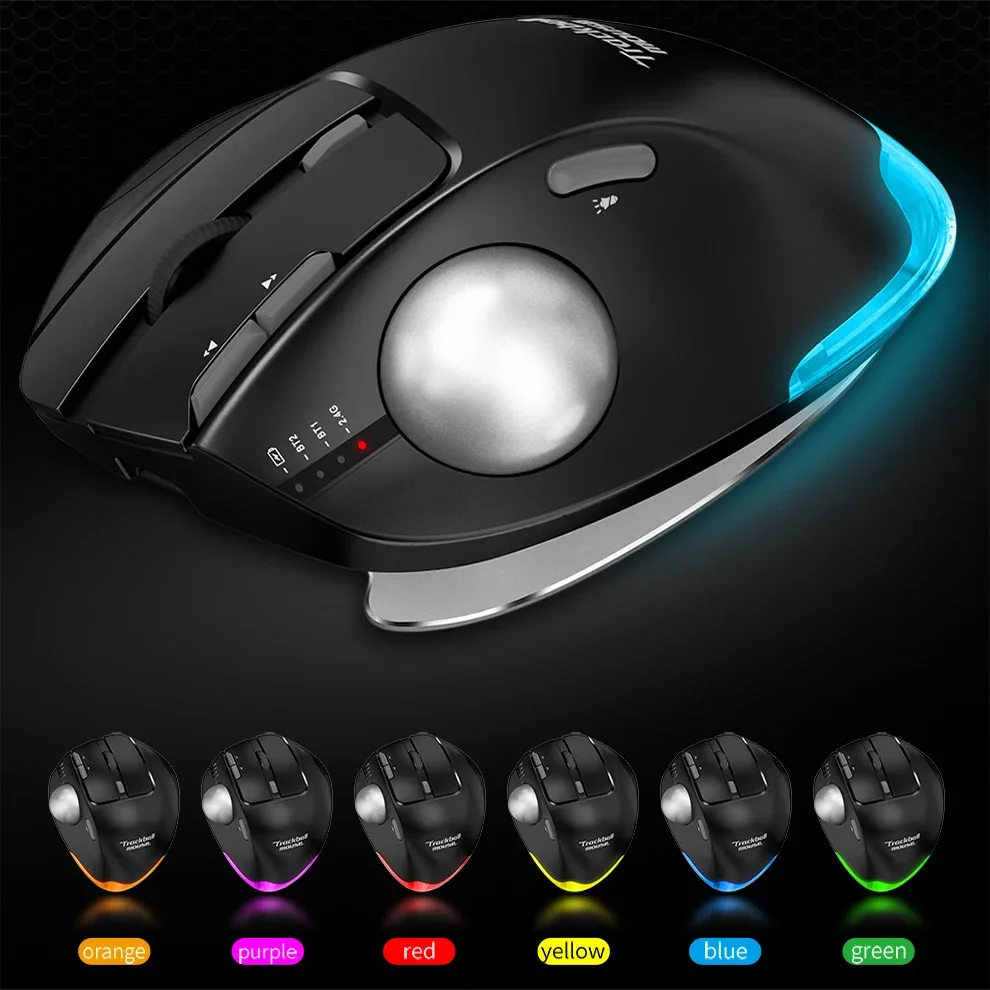 Wireless Trackball Mouse 2.4G RGB Ergonomic Rechargeable Rollerball Mice 3 Device Connection Thumb Control for PC Pad