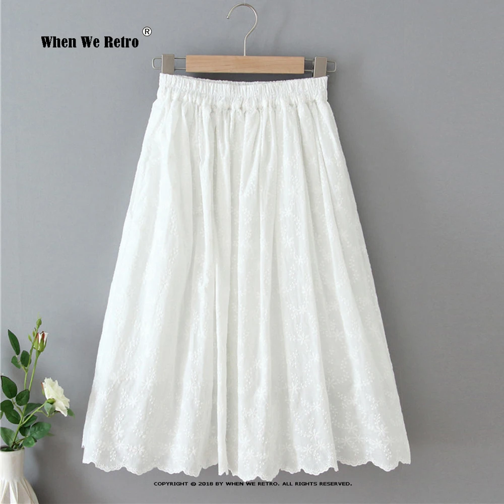 

Spring Summer Embroidered A-line Long Cotton Skirt Sweet Hollow Out Floral Pleated Skirt Elegant Midi White Skirts RS1000