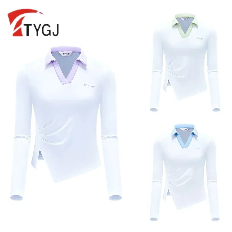 TTYGJ Women Breathable Quick Dry Golf Shirt Ladies V-neck Full Sleeve T-shirt Women Slim Split Sport Tops Casual Golf Clothing