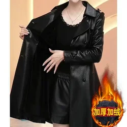 High-End Plus Velvet Leather Coat New Slim Top Casual Jacket Middle-Aged Lady Temperament Long Sleeve Fashion Coats Overcoat