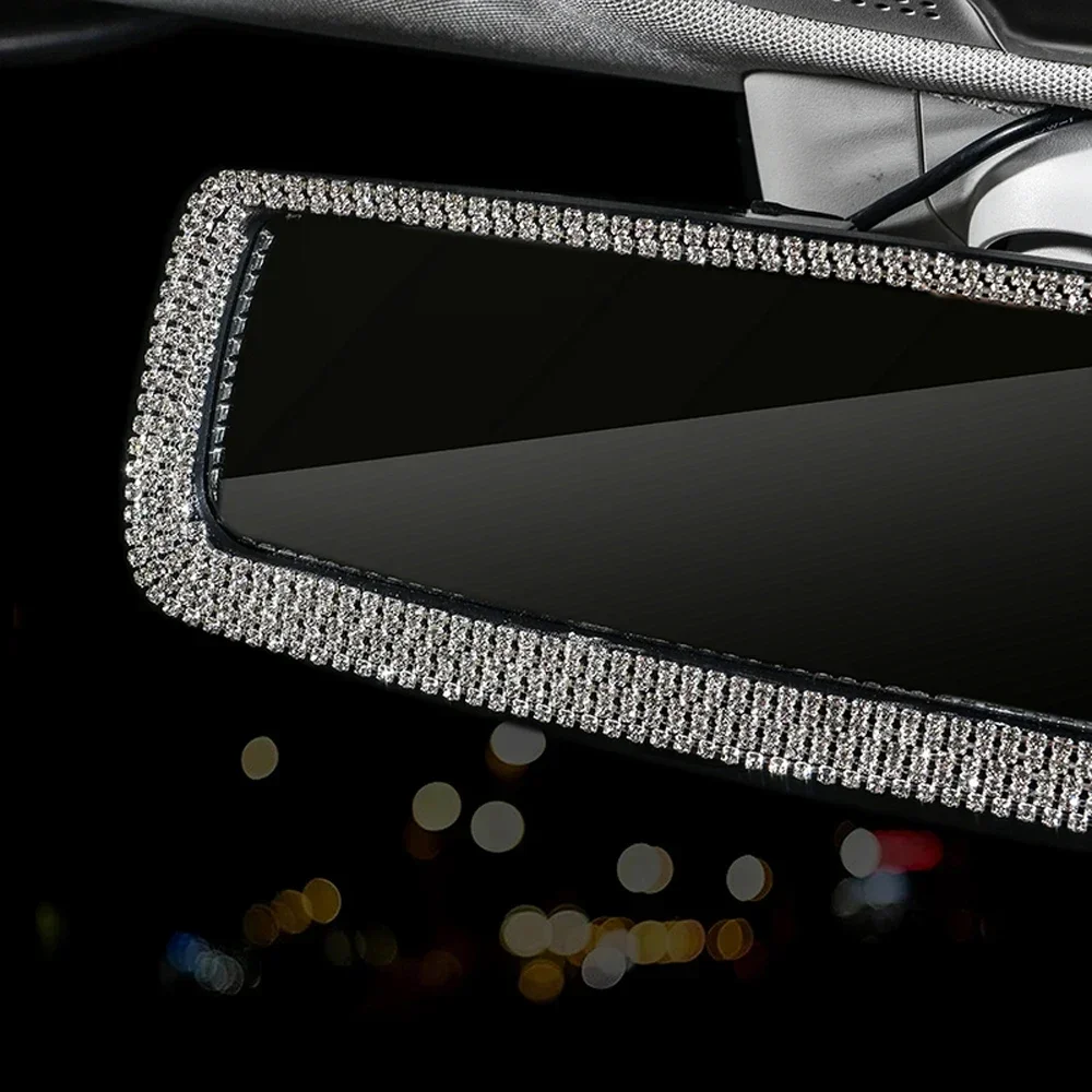 Car Interior Rearview Mirror Decor Diamond Crystal Rhinestone Rear View Mirror Cover Ornament Bling Car Accessories for Women