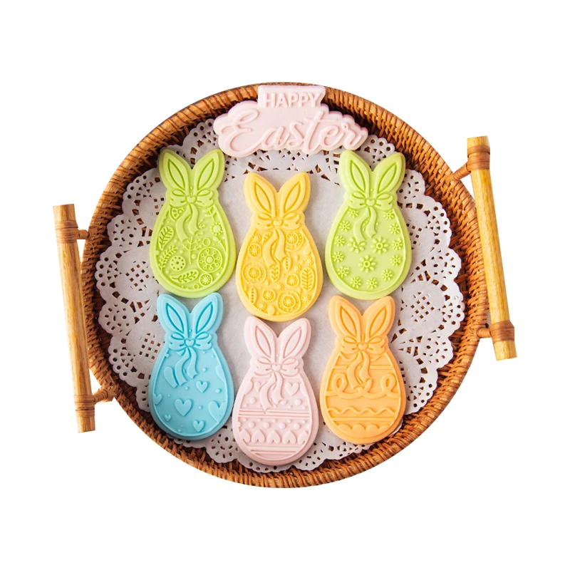 Easter Cute Bunny Egg Pattern Impression Mold Cartoon Fondant Biscuit Mold Rabbit Party Dessert DIY Decoration Baking Tools