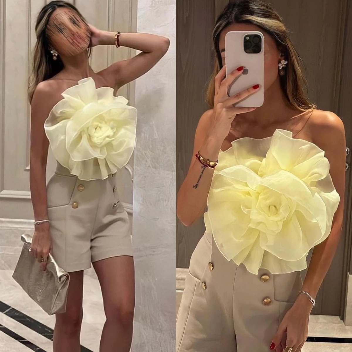 

Exquisite Strapless Sheath Celebrity Fold Flowers Chiffon Occasion Evening Gown vestidos de graduación 프롬드레스
