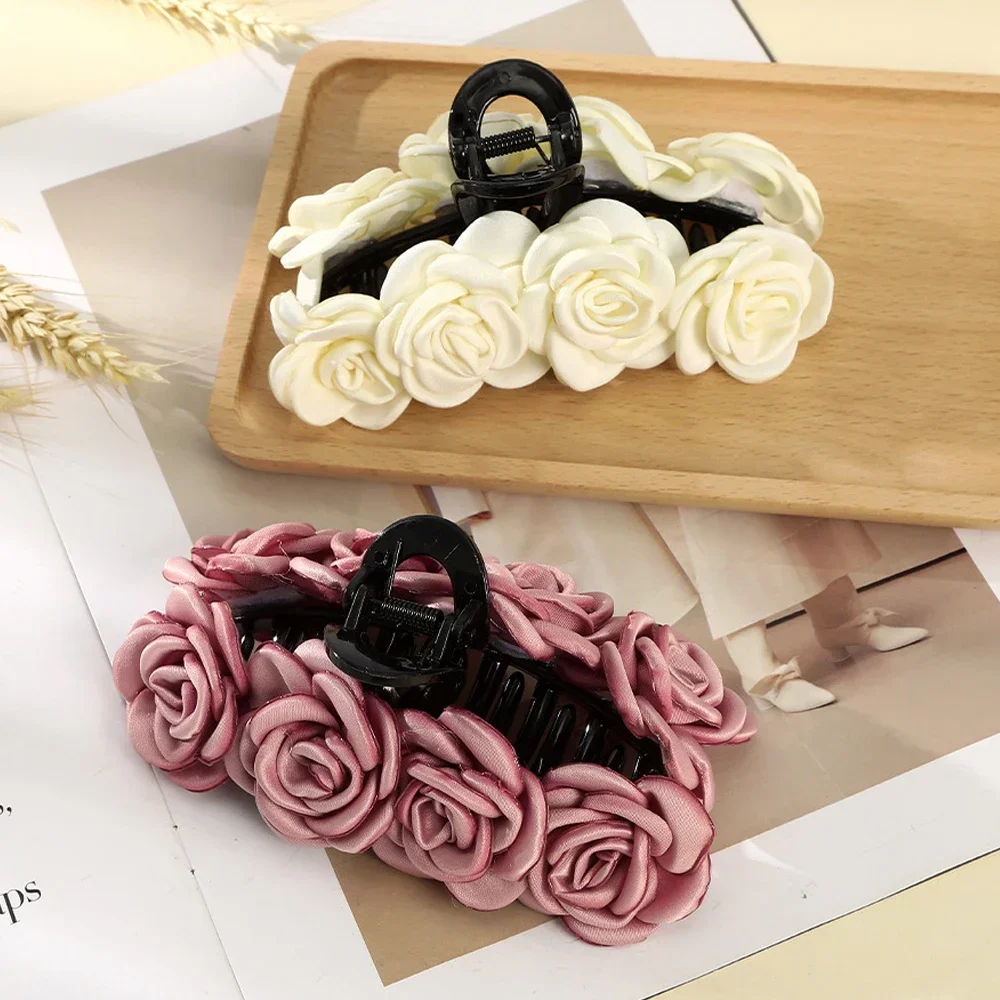 Fashion Flower Decorate Hair Claw Clips For Women Elegant Chic Duckbill Clip Hairpin Back Head Hair Clips Rose Hair Accessories woman new fashion commuter stitching blue gradient wide leg pants women chic pocket zipper decorate denim long pants