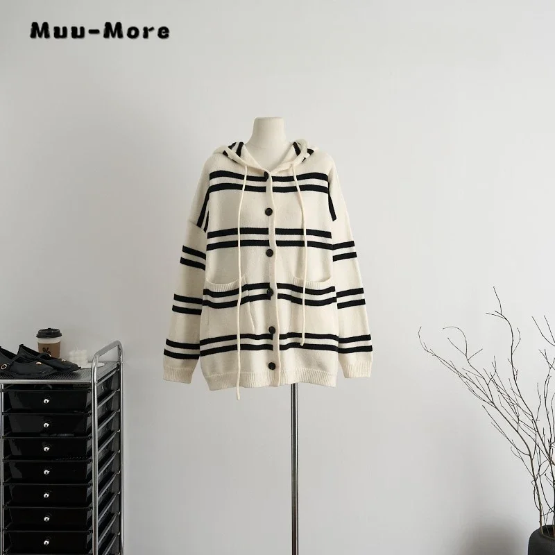 

Women Striped Drawstring Knitting Long Sleeve Vintage Hooded Cardigan 2023 Winter Single Breasted Sweater Fashion Casual Jumpers