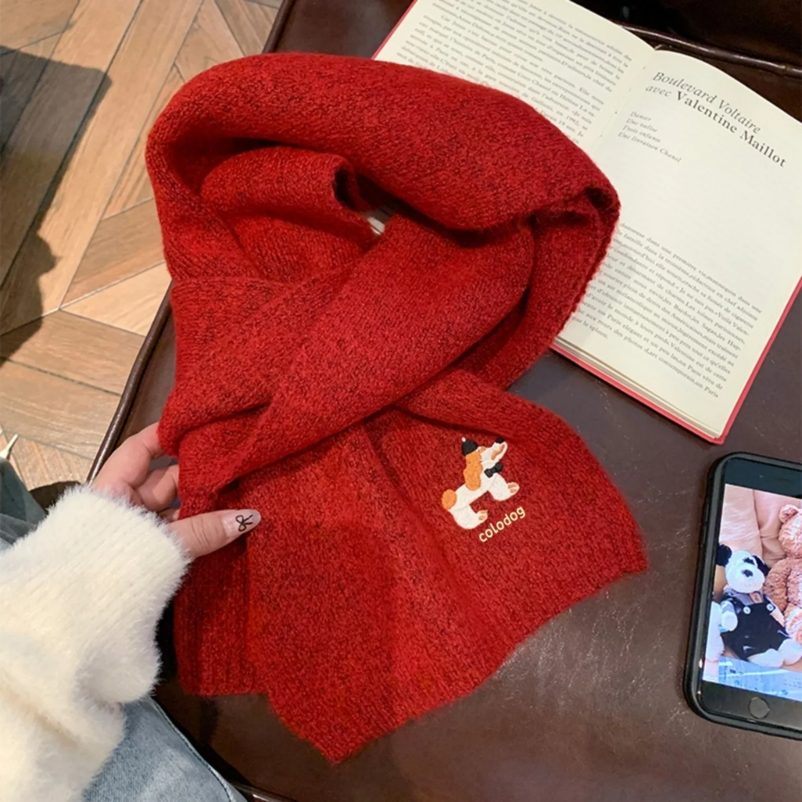 1PC Women's Autumn Winter Cute Dog Embroidered Knitted Scarf Warm Fashion Neckwear Stylish Cold Weather Accessories