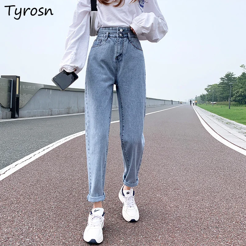 Pantalones vaqueros rectos de cintura alta para Jeans sueltos que combinan con todo, ropa de calle de estilo coreano, azul, cremallera - AliExpress